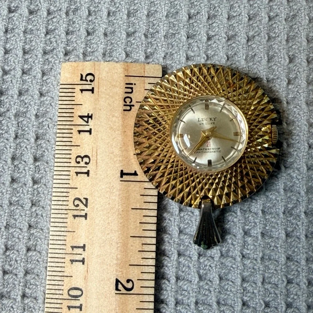 Vintage Lucky De Luxe 21 Jewel Pendant Watch Gold Tone Sunburst Waterproof